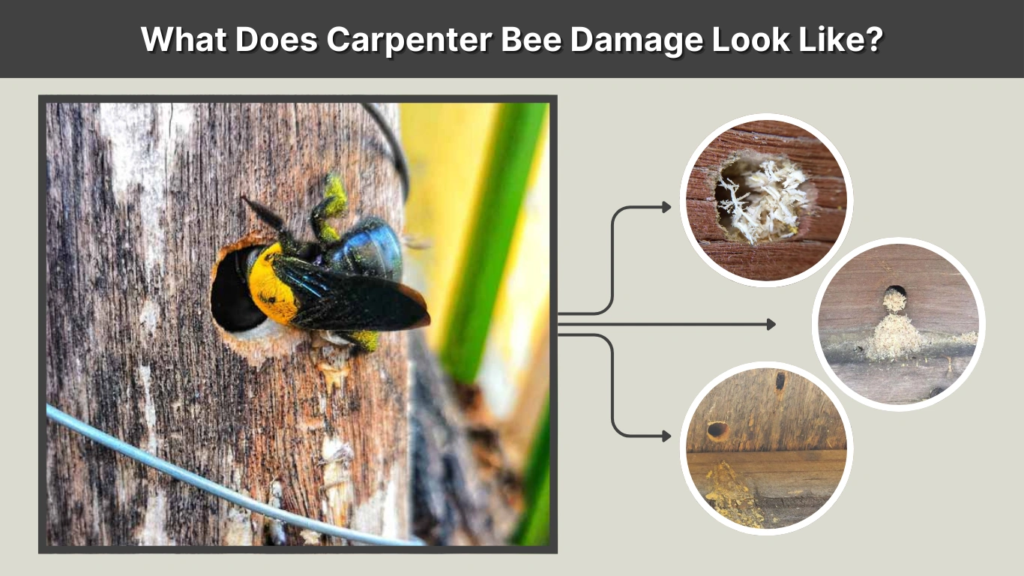 Yellowish stains from bee feces near holes.
